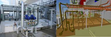 Externe Versorgungsleitungen einer großen Biotechnik-Anlage, die von CEL mit M4 PLANT konstruiert wurde